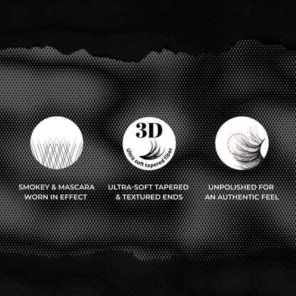 3 graphics with text describing 3 key features of KISS Rebel lashes in &