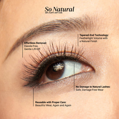 Close-up of a brown eye wearing KISS So Natural false eyelashes with soft curl. Text highlights airy, fluffy look, easy removal, tapered-end technology, no damage to natural lashes, and reusability with care.