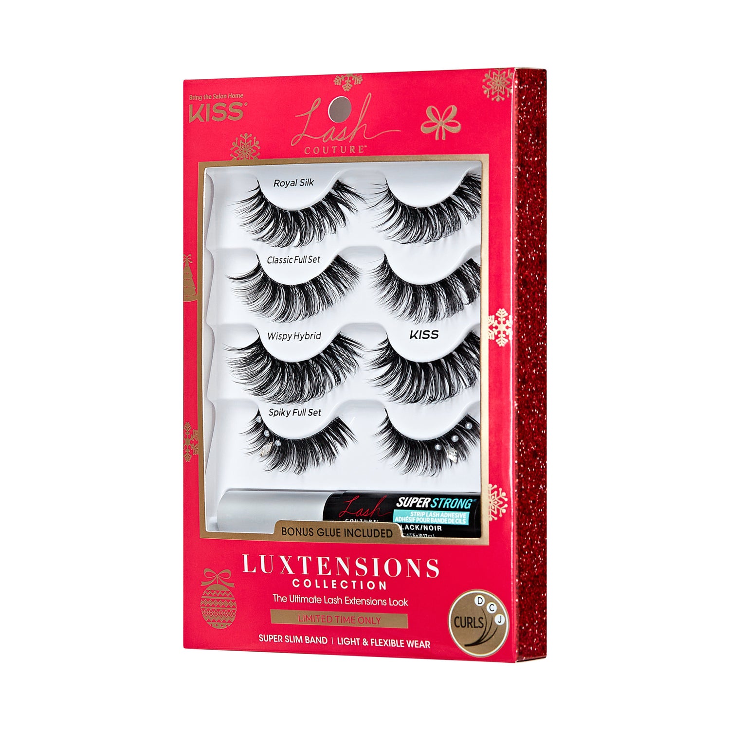KISS Lash Couture LuXtensions Holiday Multipack with four styles of black false eyelashes and bonus super strong adhesive in a red box with gold holiday accents.