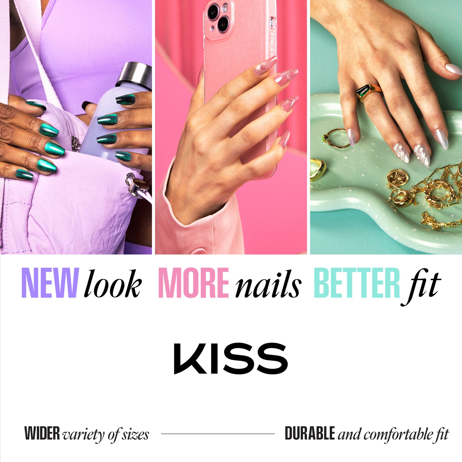 Advertisement for KISS nail products with images of hands and text highlighting features.