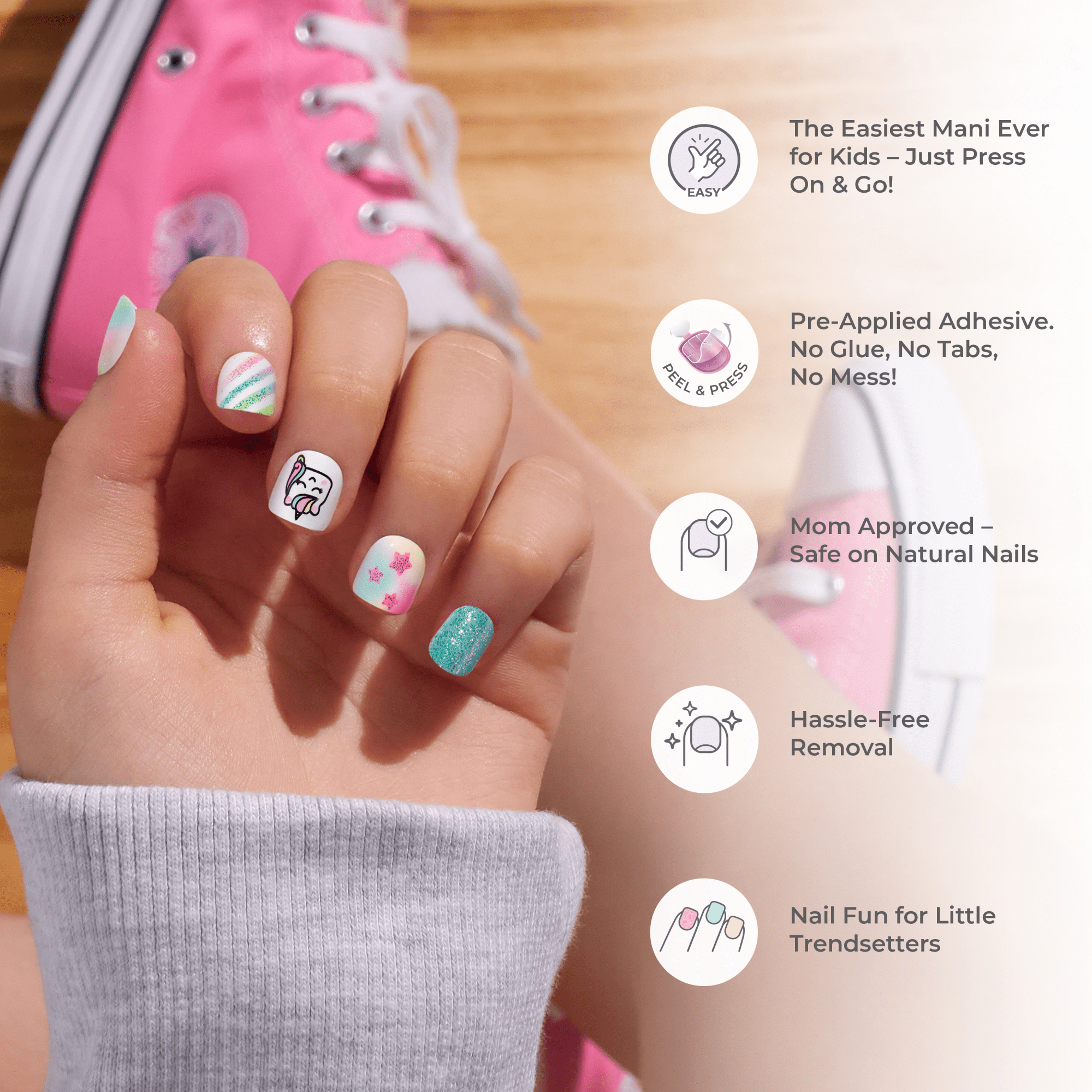 Hand with colorful nail art in front of a pink shoe, with product features listed on the right.