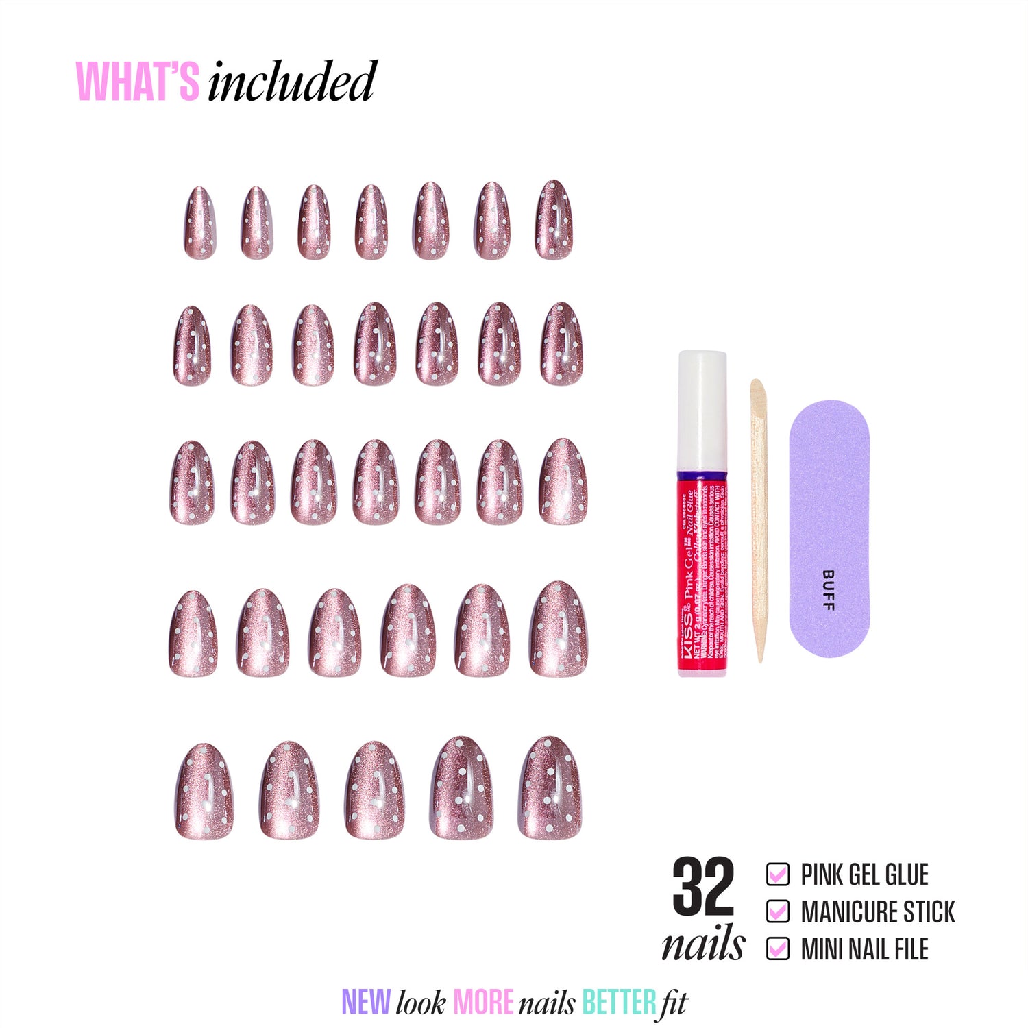 Kiss Glam Embellished Press On Fake Glue Nails - Velvet Noir | 3D &amp; Jewel Design, Pink, Medium, Almond