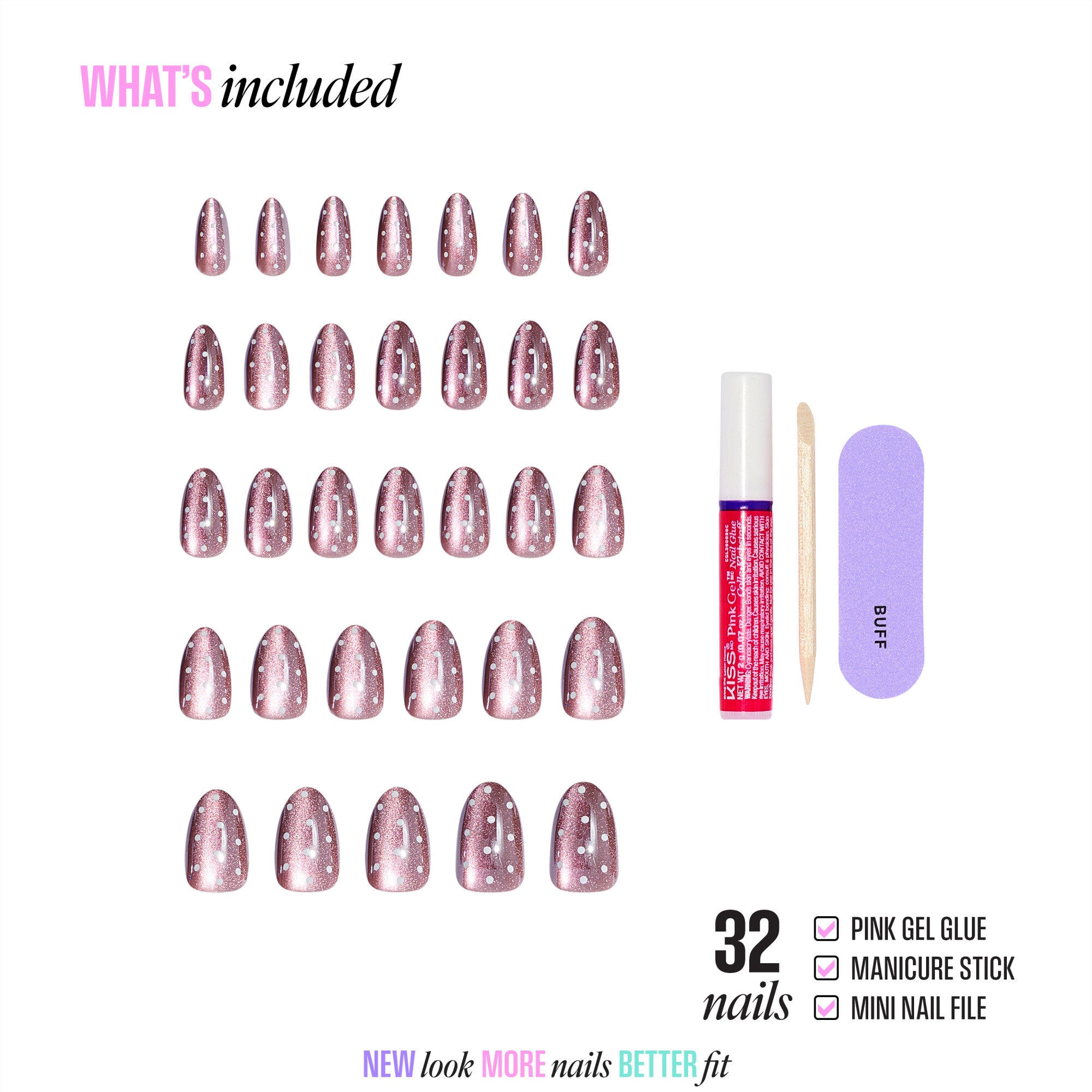 Kiss Glam Embellished Press On Fake Glue Nails - Velvet Noir | 3D &amp; Jewel Design, Pink, Medium, Almond