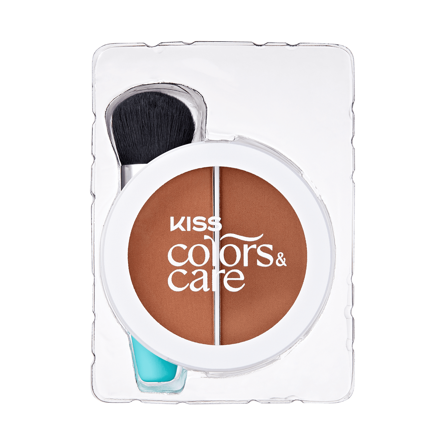 Kiss Colors &amp; Care makeup product with two brown shades and a brush on a green background