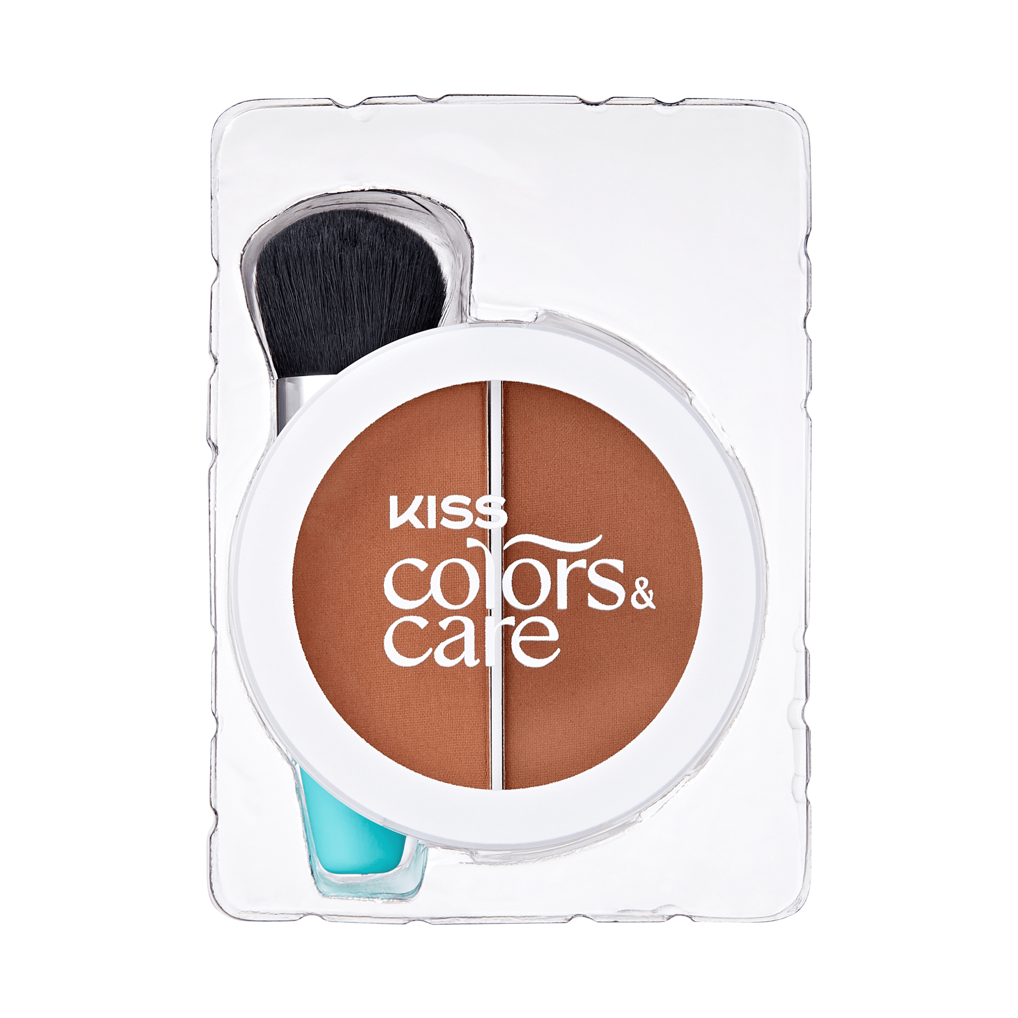 Kiss Colors &amp; Care makeup product with two brown shades and a brush on a green background