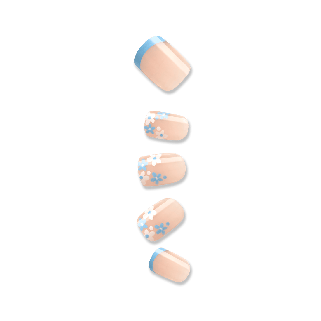 Five press-on nails in a soft nude shade with sky blue French tips on two nails and white and blue floral designs on the other three.