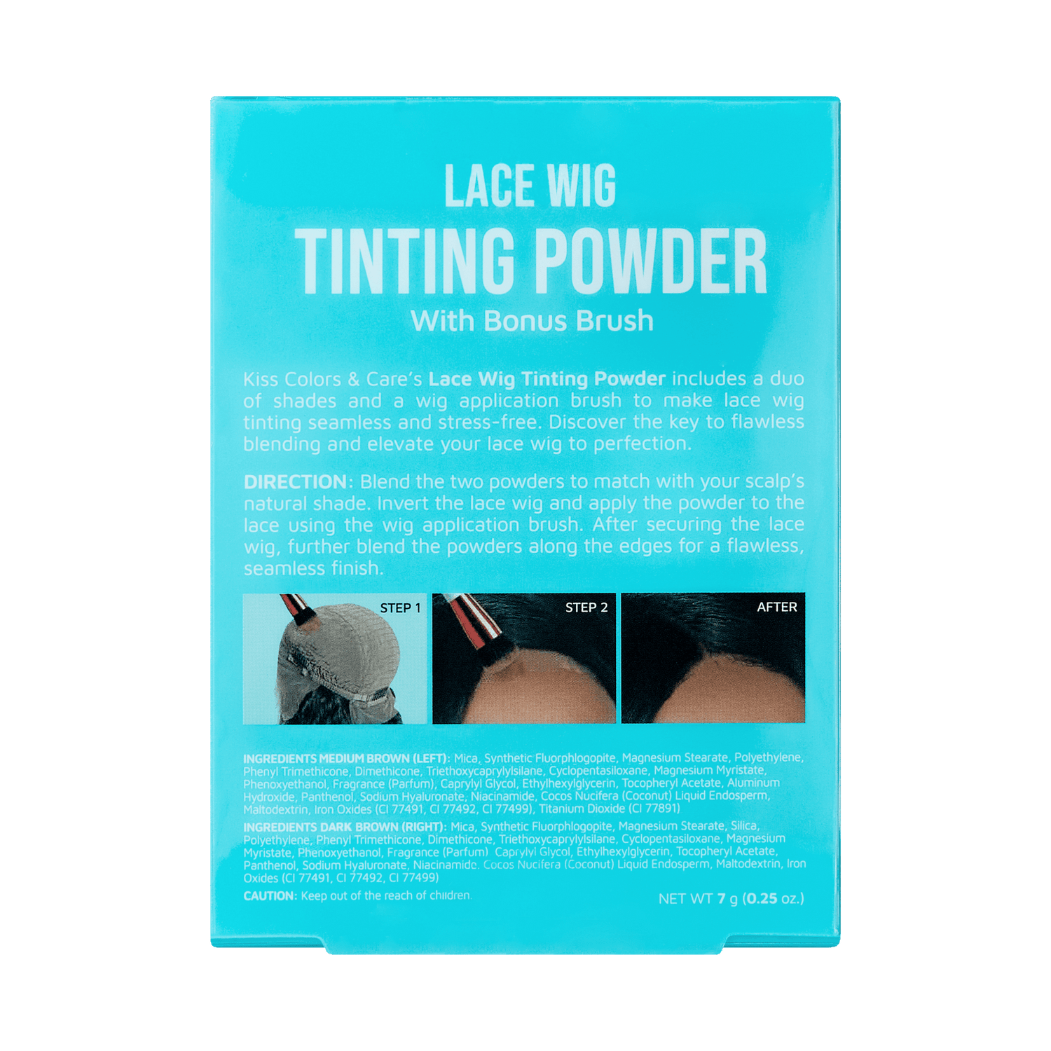 Lace wig tinting powder packaging with instructions on a green background
