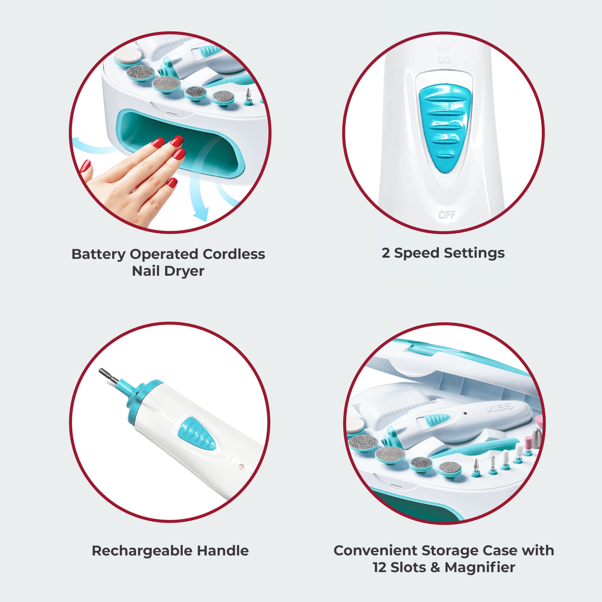 KISS Power File X nail dryer and manicure set showing cordless nail dryer with hand inside, close-up of blue speed control, rechargeable white handle, and white storage case with 12 slots and magnifier.