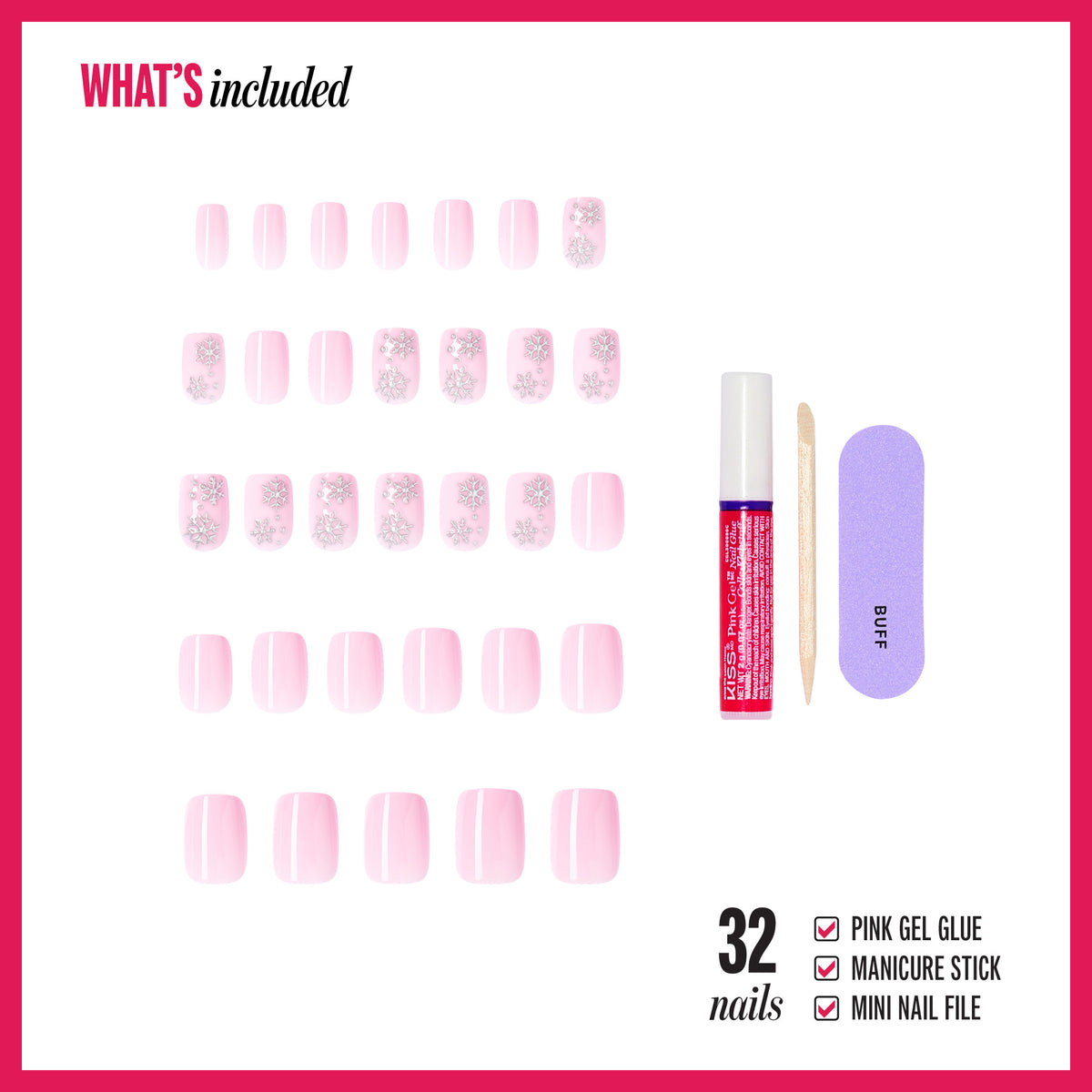 Kiss Merry Holiday Press On Fake Glue Nails - Mistle Glow | Design, Pink, Short, Squoval