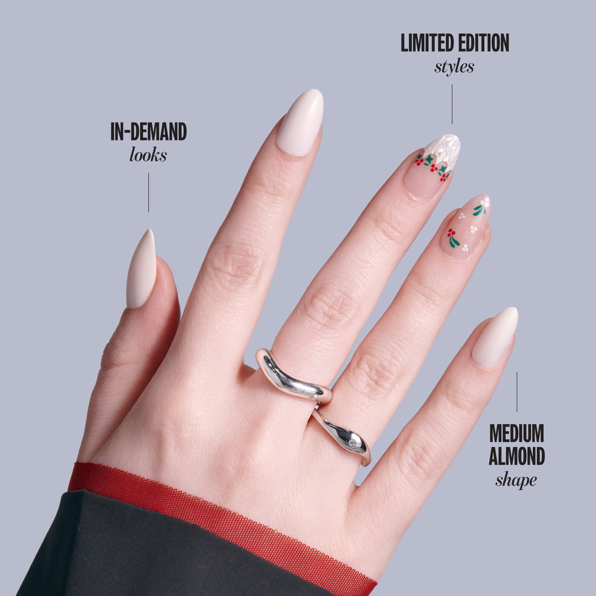 Kiss Merry Holiday Press On Fake Glue Nails - Snow Glow | French Design, White, Medium, Almond