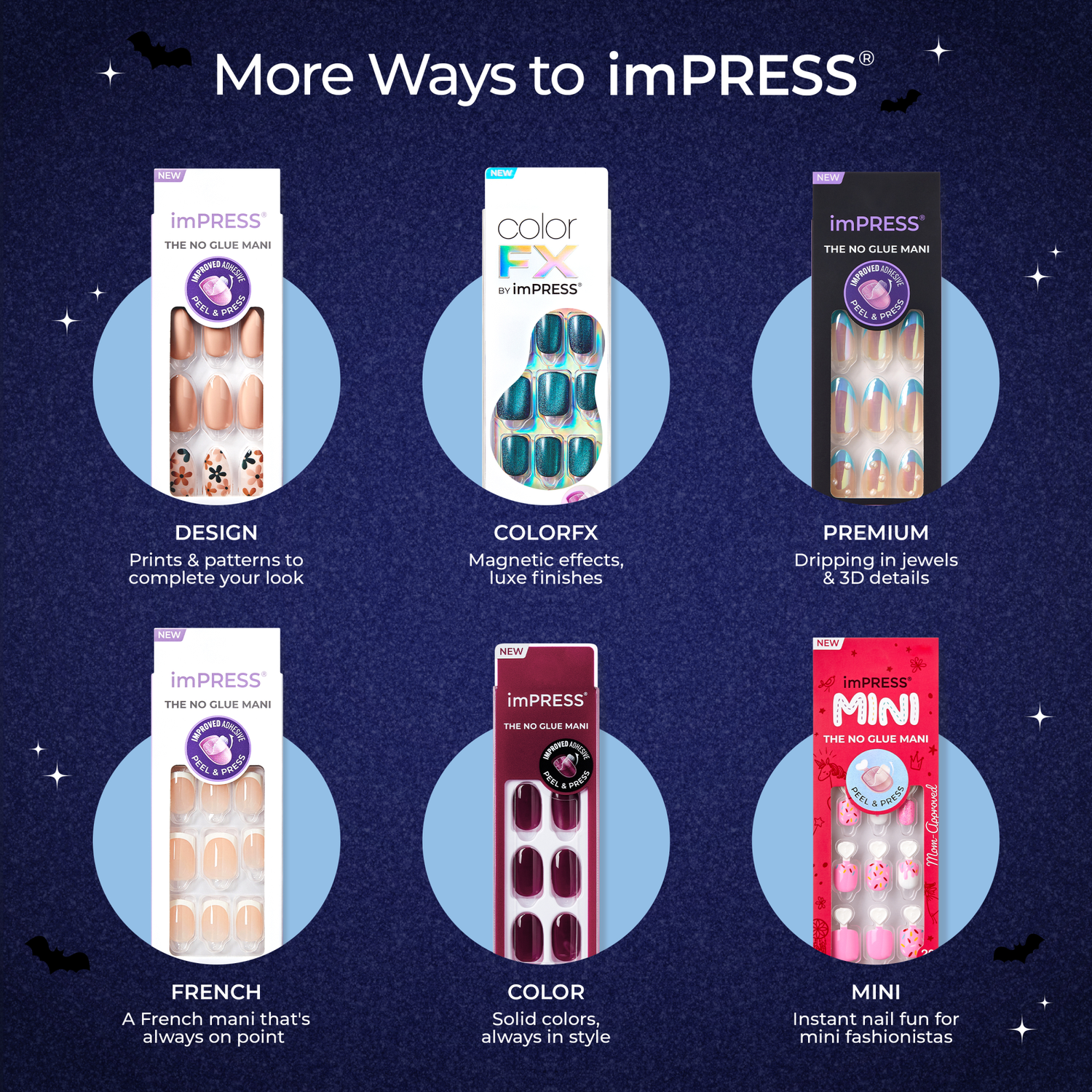 Impress Design Halloween No Glue Fake Press On Nails - Eternal Night | Design, Orange &amp; Black, Short, Squoval, Glow In The Dark, Manicure