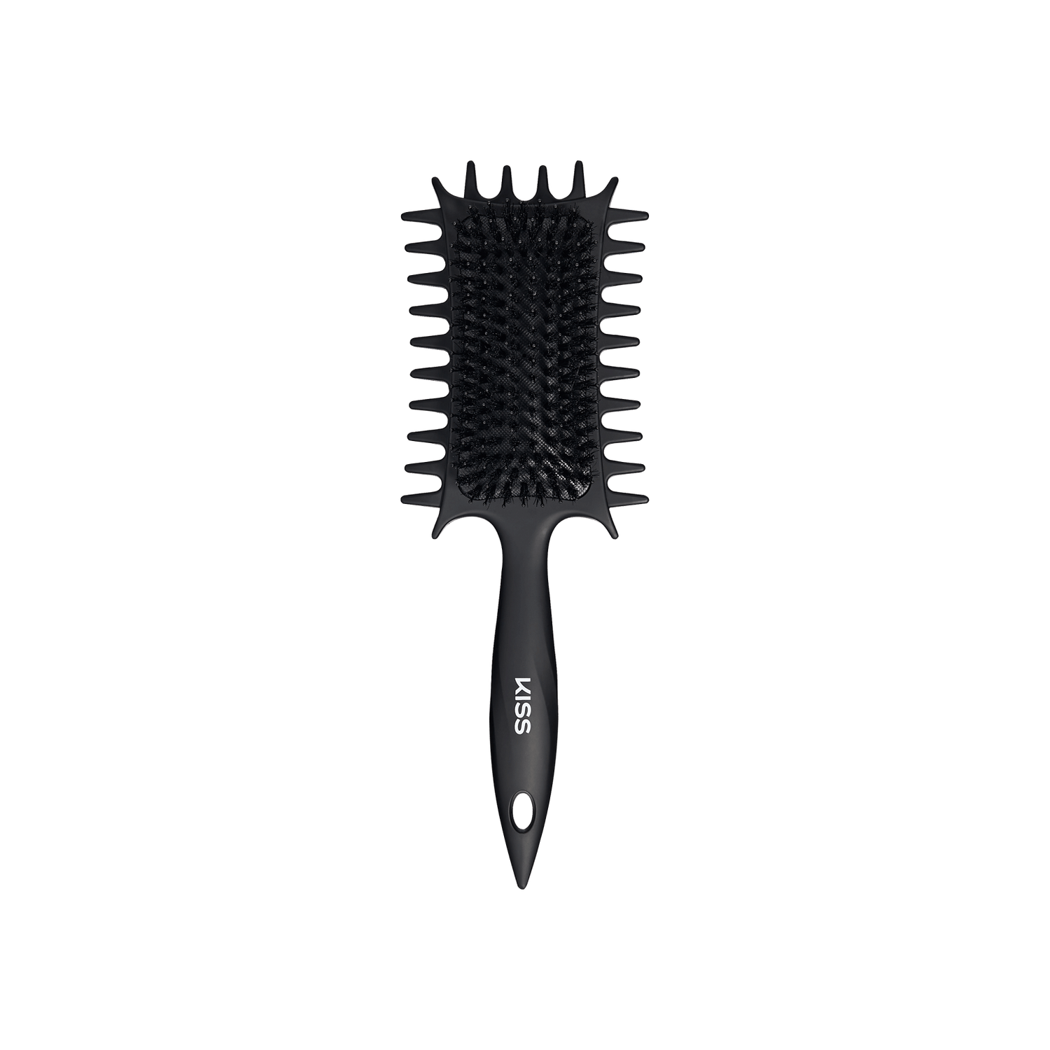 Black paddle brush with spiky bristles and ergonomic handle