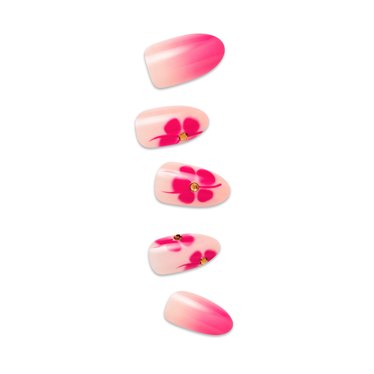 Five oval-shaped press-on nails displayed vertically with pink ombre design and hot pink floral nail art with gold gem accents on a transparent background