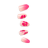Five oval-shaped press-on nails displayed vertically with pink ombre design and hot pink floral nail art with gold gem accents on a transparent background