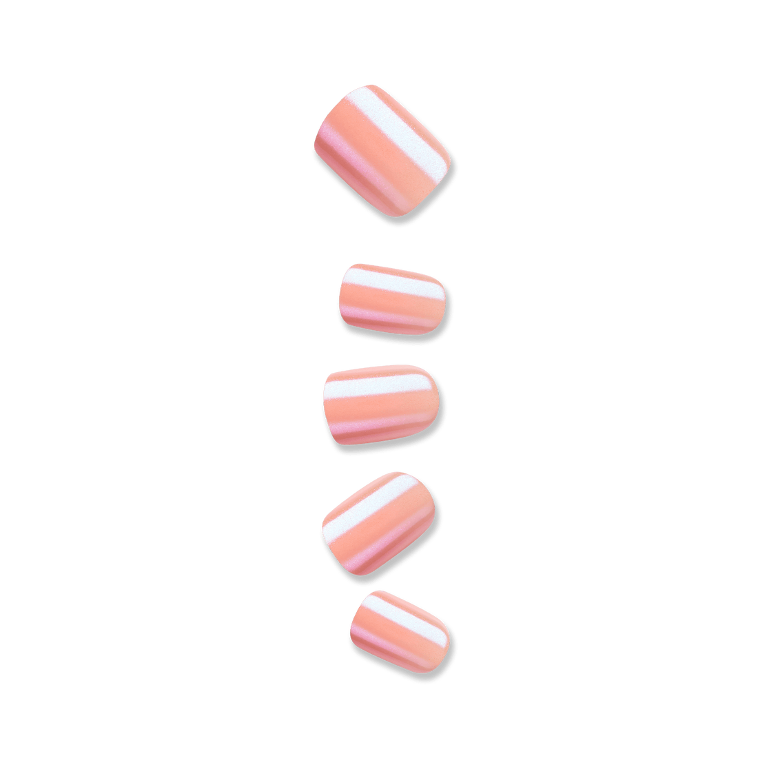 Five press-on nails in a peachy-pink shade with a glossy, iridescent finish, shown isolated on a transparent background.