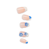 Five square-shaped press-on nails displayed vertically showing nude French tip with white dot art, blue corner accent, blue floral with rhinestone designs on transparent background