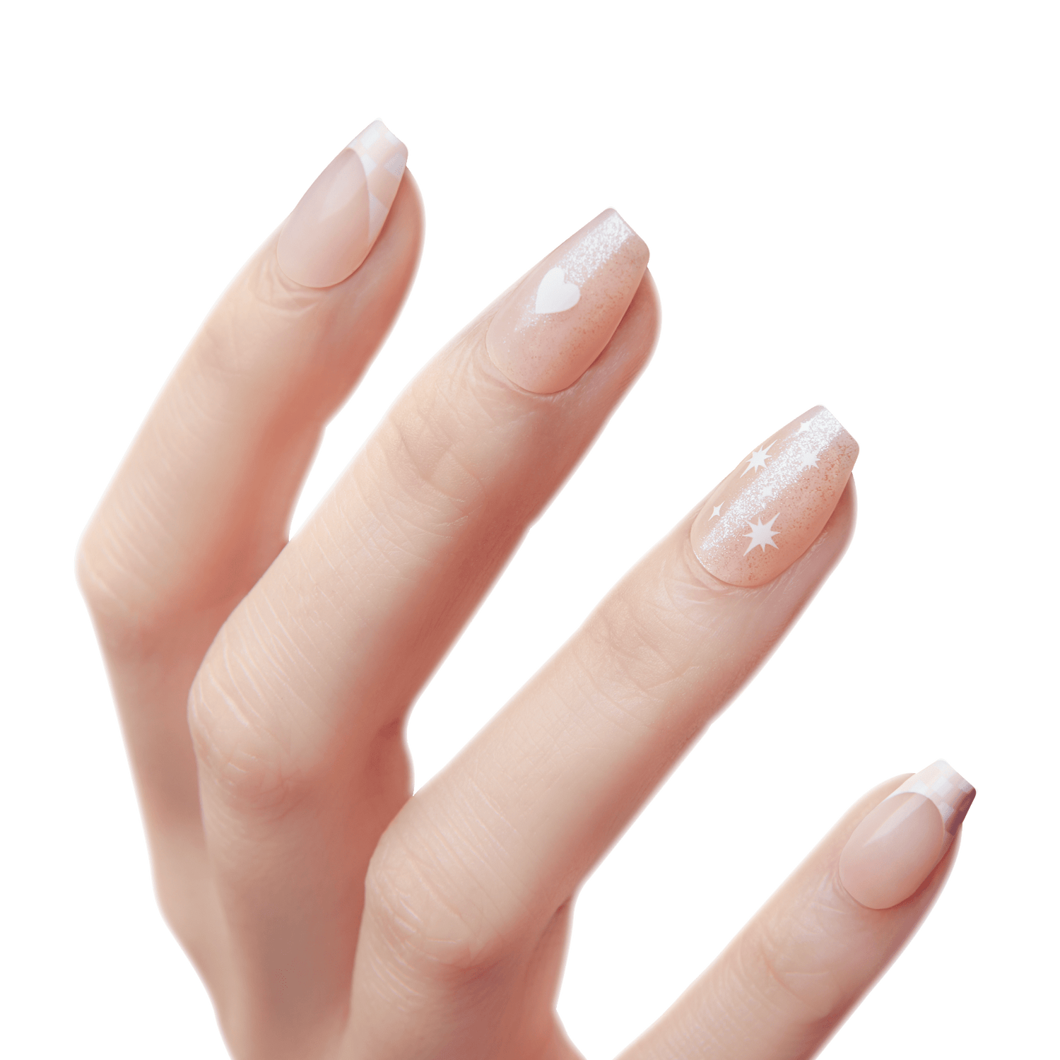 Hand with long, square-shaped nails painted in soft pink shades, featuring white heart and star designs on a glittery background on two nails.