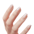 Hand with long, square-shaped nails painted in soft pink shades, featuring white heart and star designs on a glittery background on two nails.