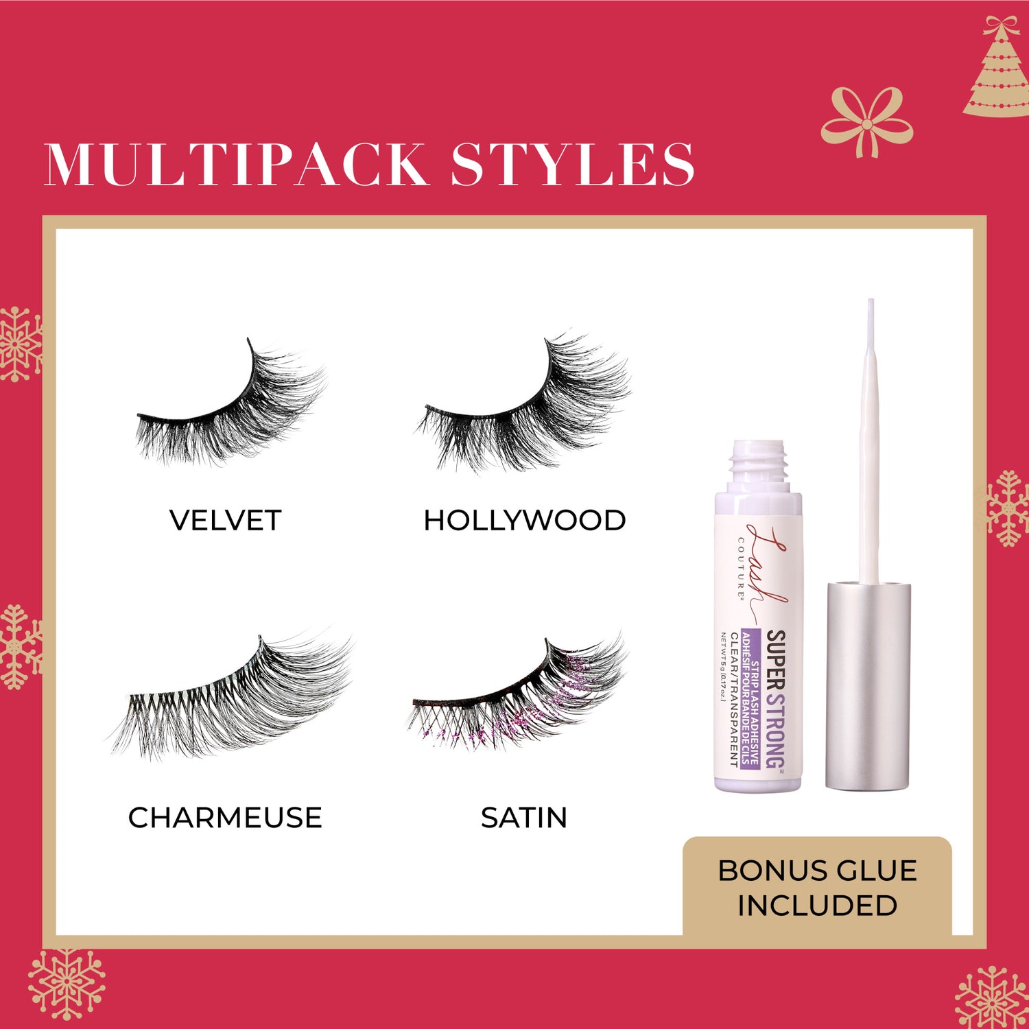 Multipack eyelash styles: Velvet, Hollywood, Charmeuse, Satin with bonus lash glue included.