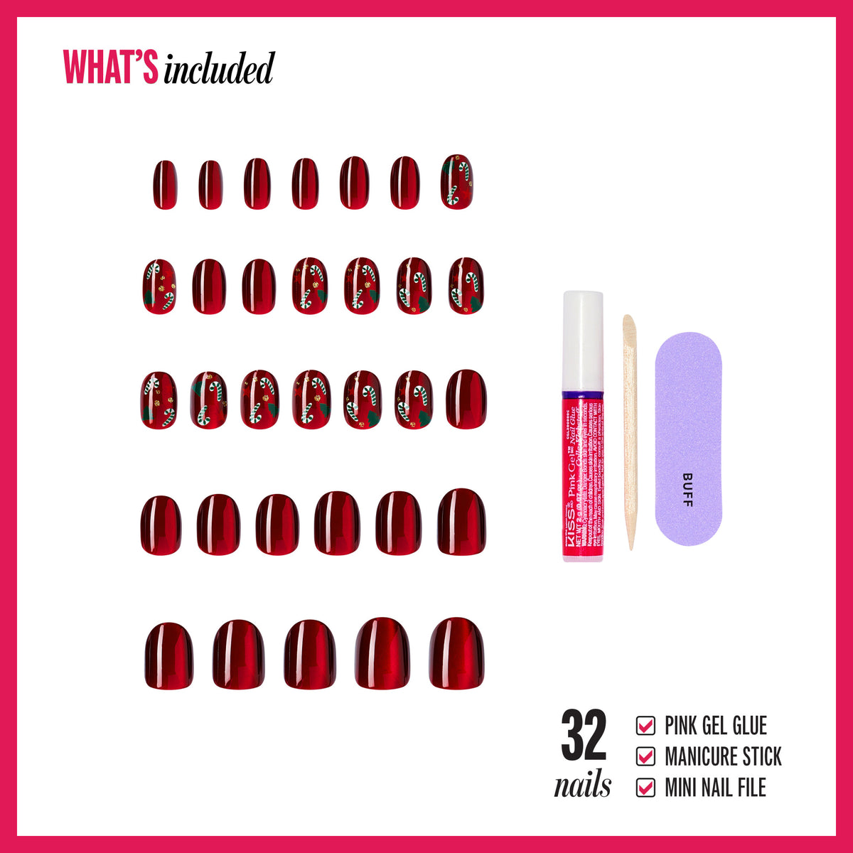 Kiss Merry Holiday Press On Fake Glue Nails - Sleigh My Name | Design, Red, Short, Round