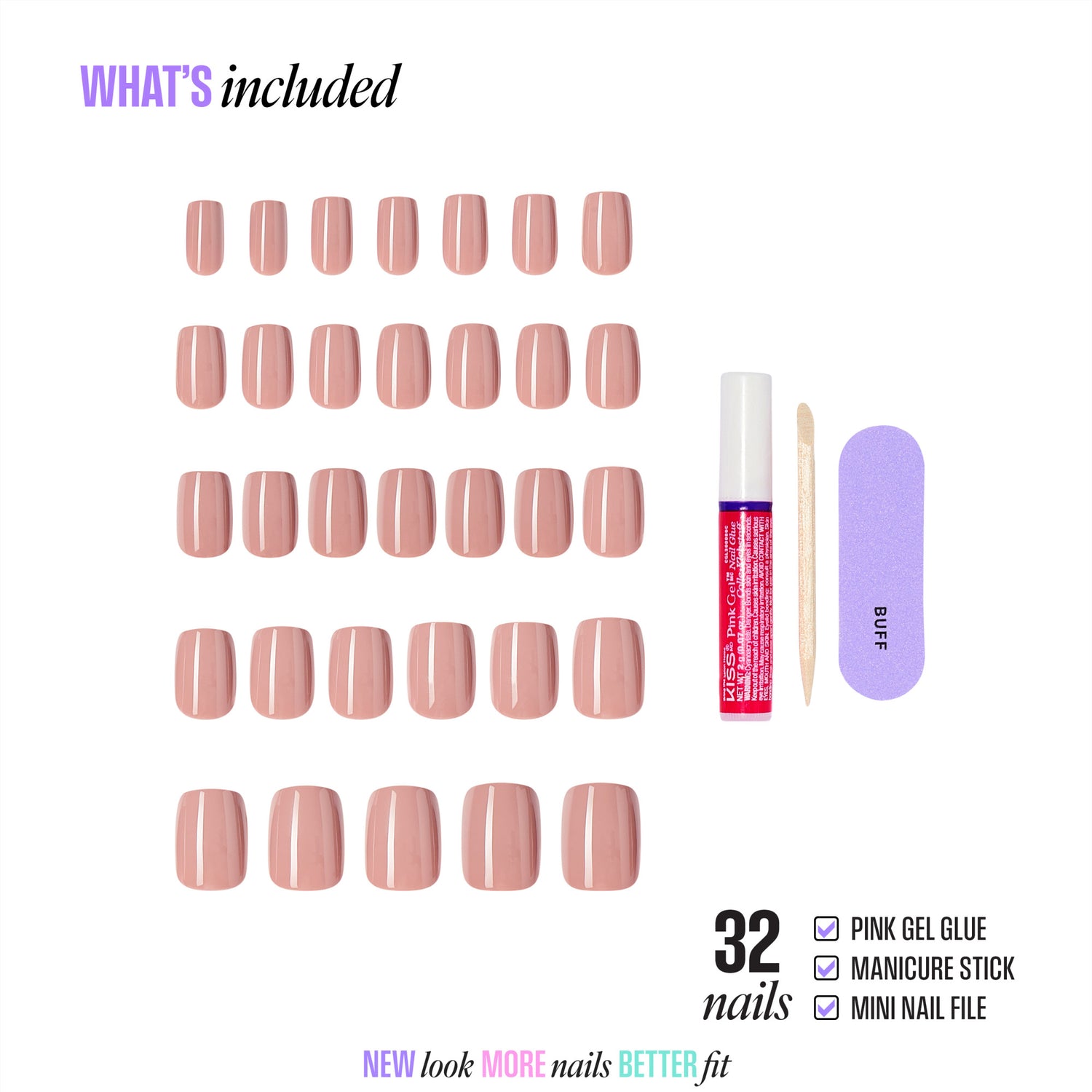 32 nude pink press-on nails with gel glue, manicure stick, and nail file included.