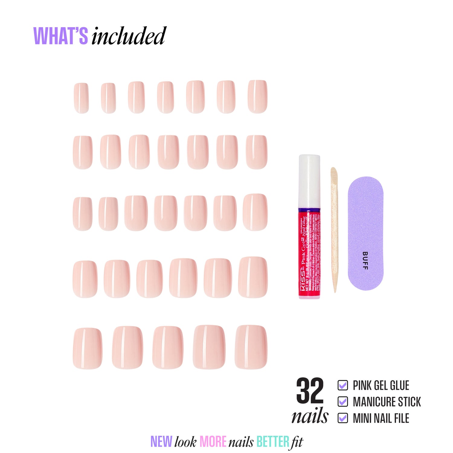 32 nude pink press-on nails with gel glue, manicure stick, and mini file included.