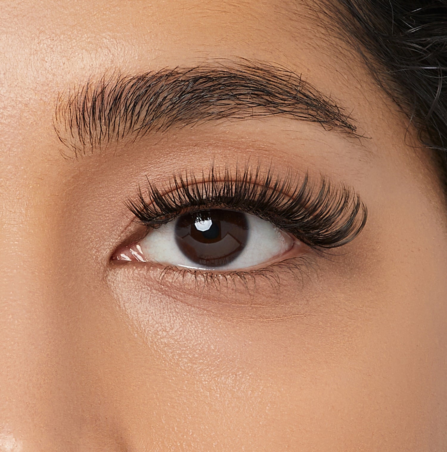 Close-up of a brown eye with long, voluminous, spiky false eyelashes applied, showcasing the dramatic effect of the KISS Lash Couture LuXtensions Spiky Jewel style.
