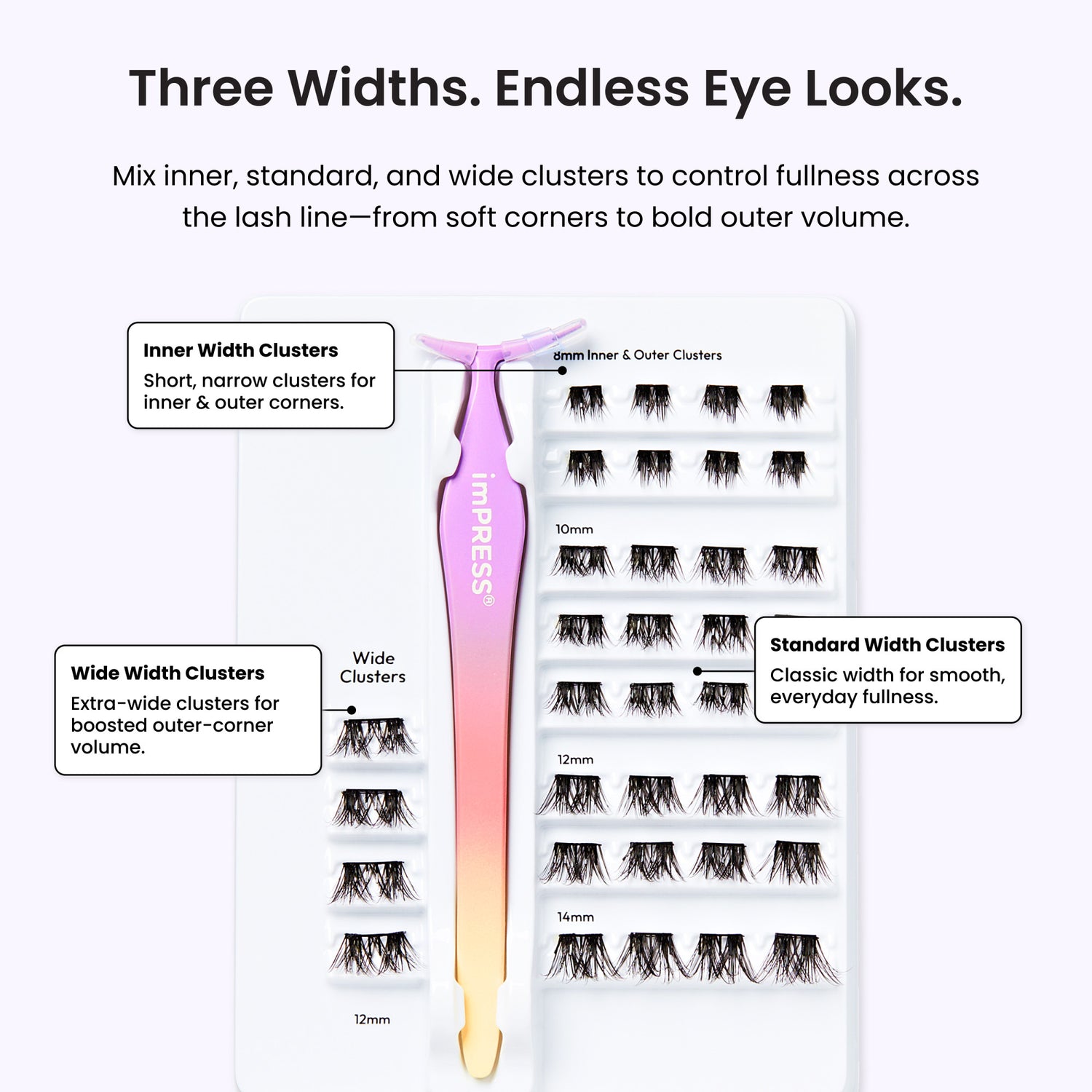 Impress Falsies Pre-Glued False Eyelashes Starter Kit - Natural &amp; Wispy | 50 Lash Clusters, With Applicator, 10mm-14mm
