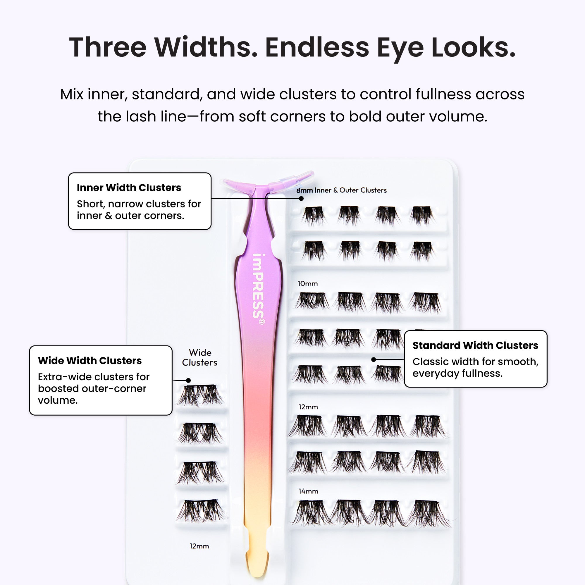 Impress Falsies Pre-Glued False Eyelashes Starter Kit - Natural &amp; Wispy | 50 Lash Clusters, With Applicator, 10mm-14mm