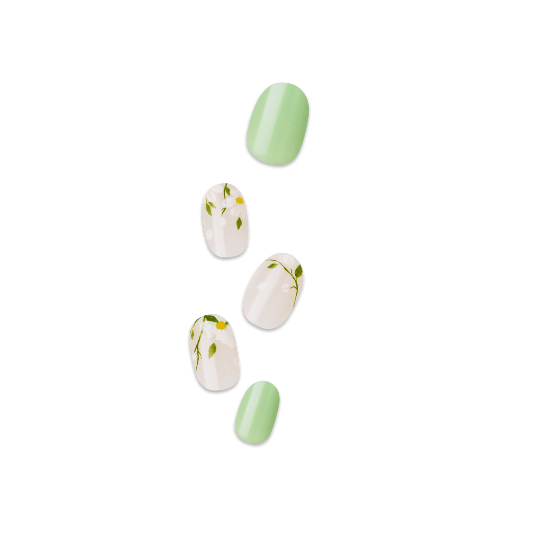 Set of five press-on nails displayed on a green background, featuring a mix of solid pale green nails and white nails with delicate green leaves and small yellow flower design.