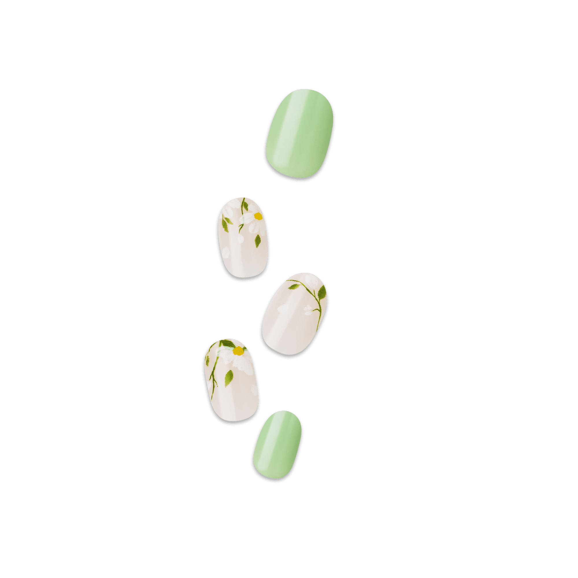 Set of five press-on nails displayed on a green background, featuring a mix of solid pale green nails and white nails with delicate green leaves and small yellow flower design.