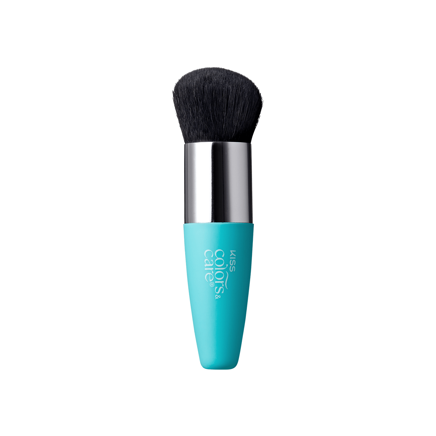 Makeup brush with blue handle and black bristles on a white background