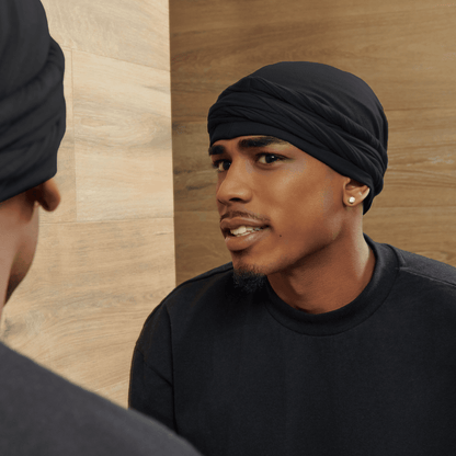 Satin-Lined Halo Turban Set Black w/ 2 Wave CapsPremium - Image 4