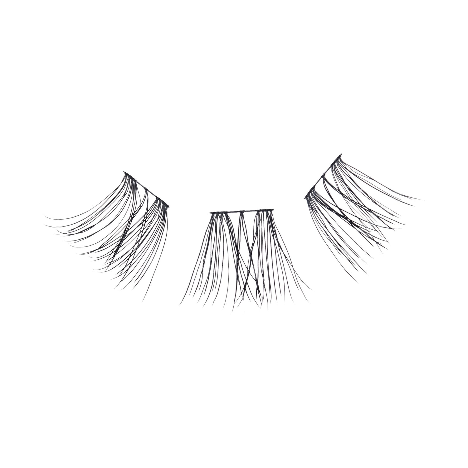 Three false eyelashes with varying lengths and fullness displayed on white background.