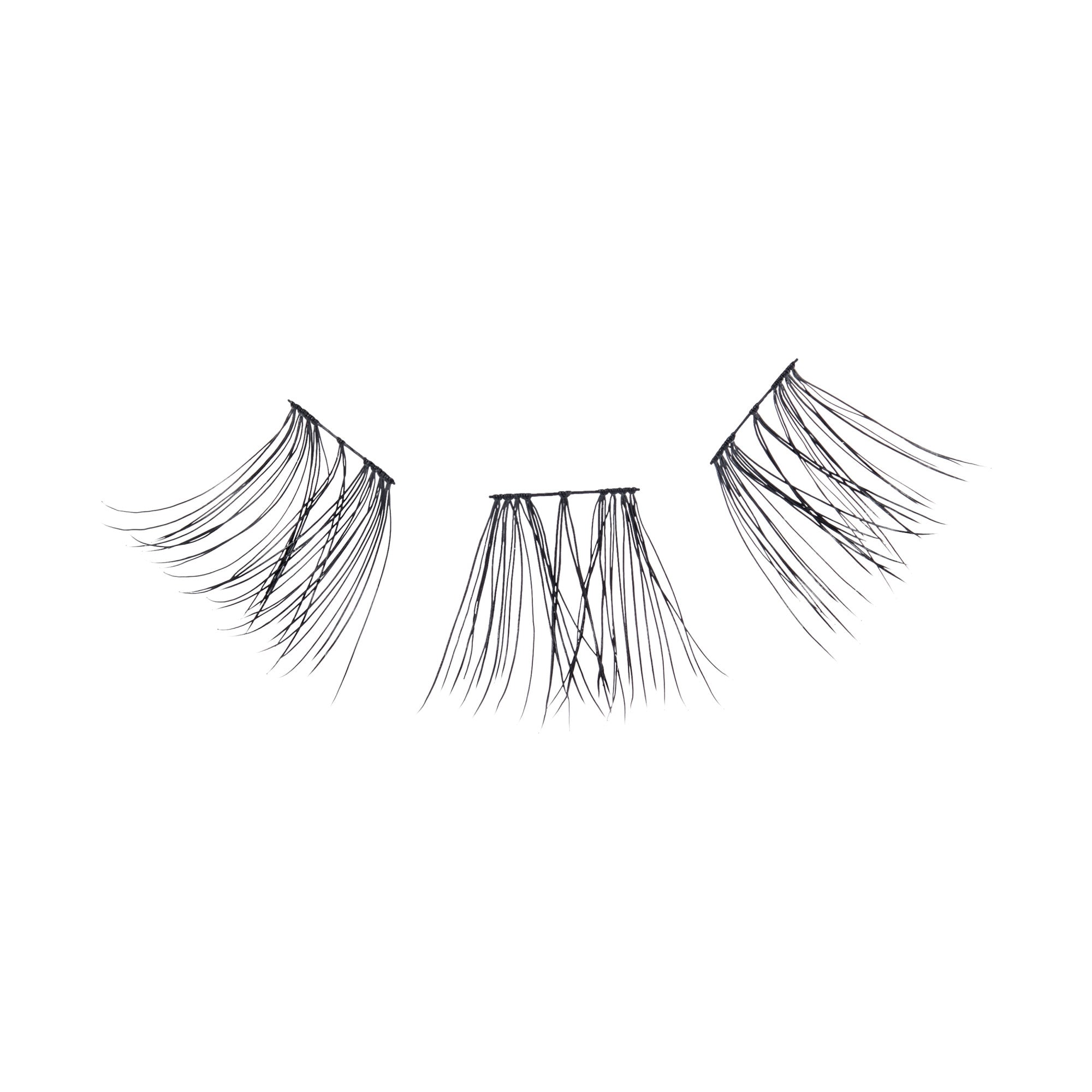 Three false eyelashes with varying lengths and fullness displayed on white background.