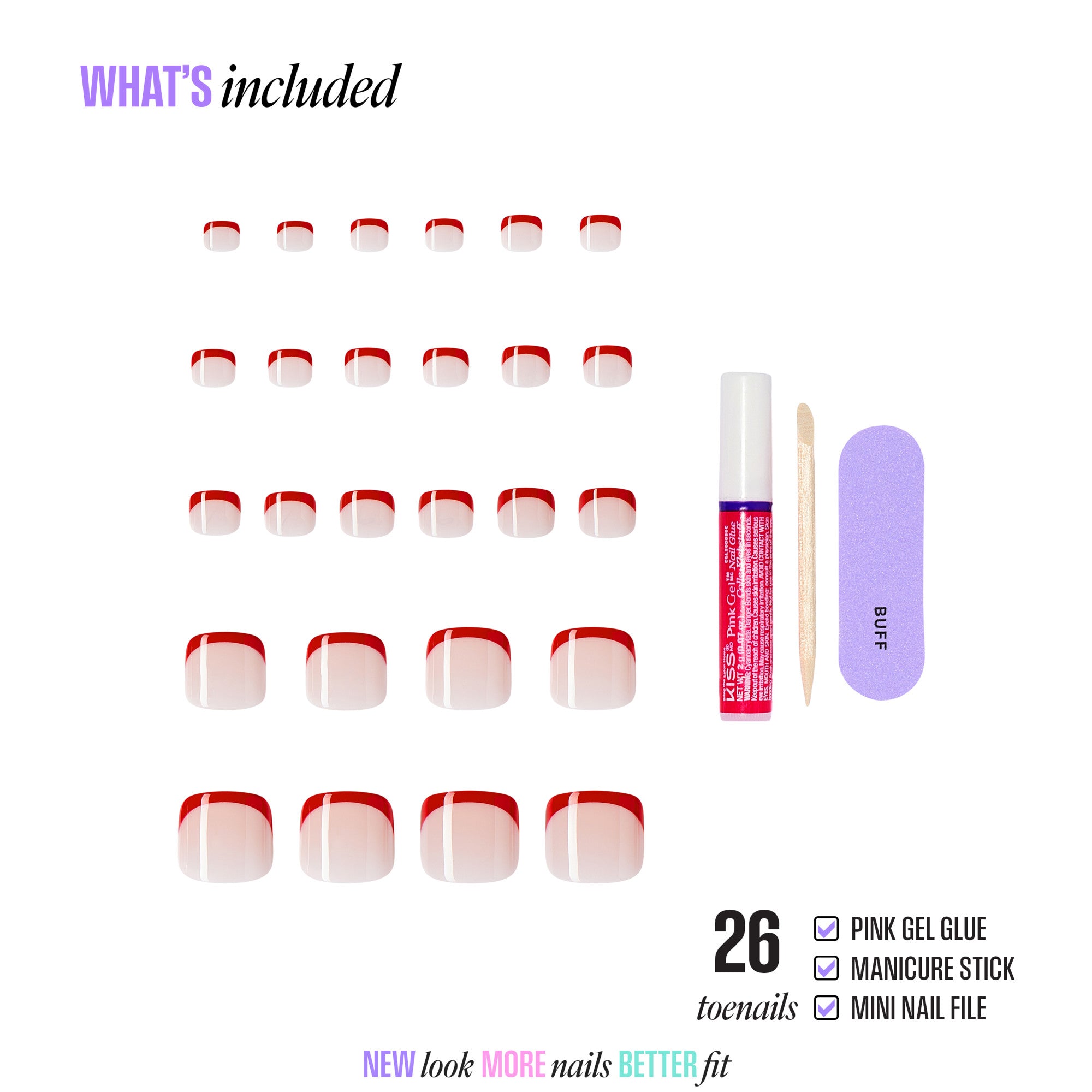 Set of nail tips with pink gel glue, manicure stick, and mini nail file on a white background.