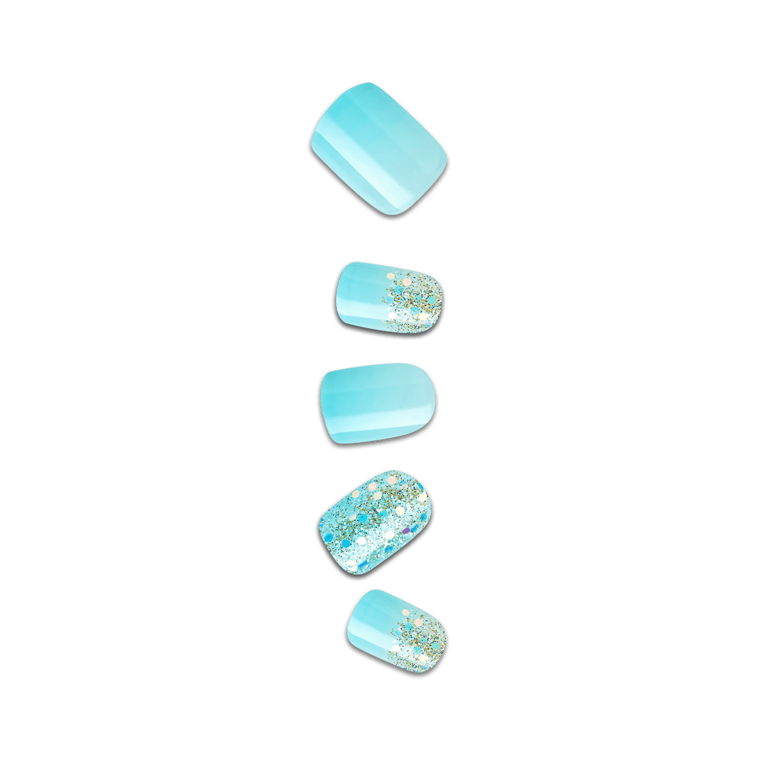 Set of five press-on nails in varying sizes, featuring a glossy light blue base with two nails decorated with blue and silver glitter accents.