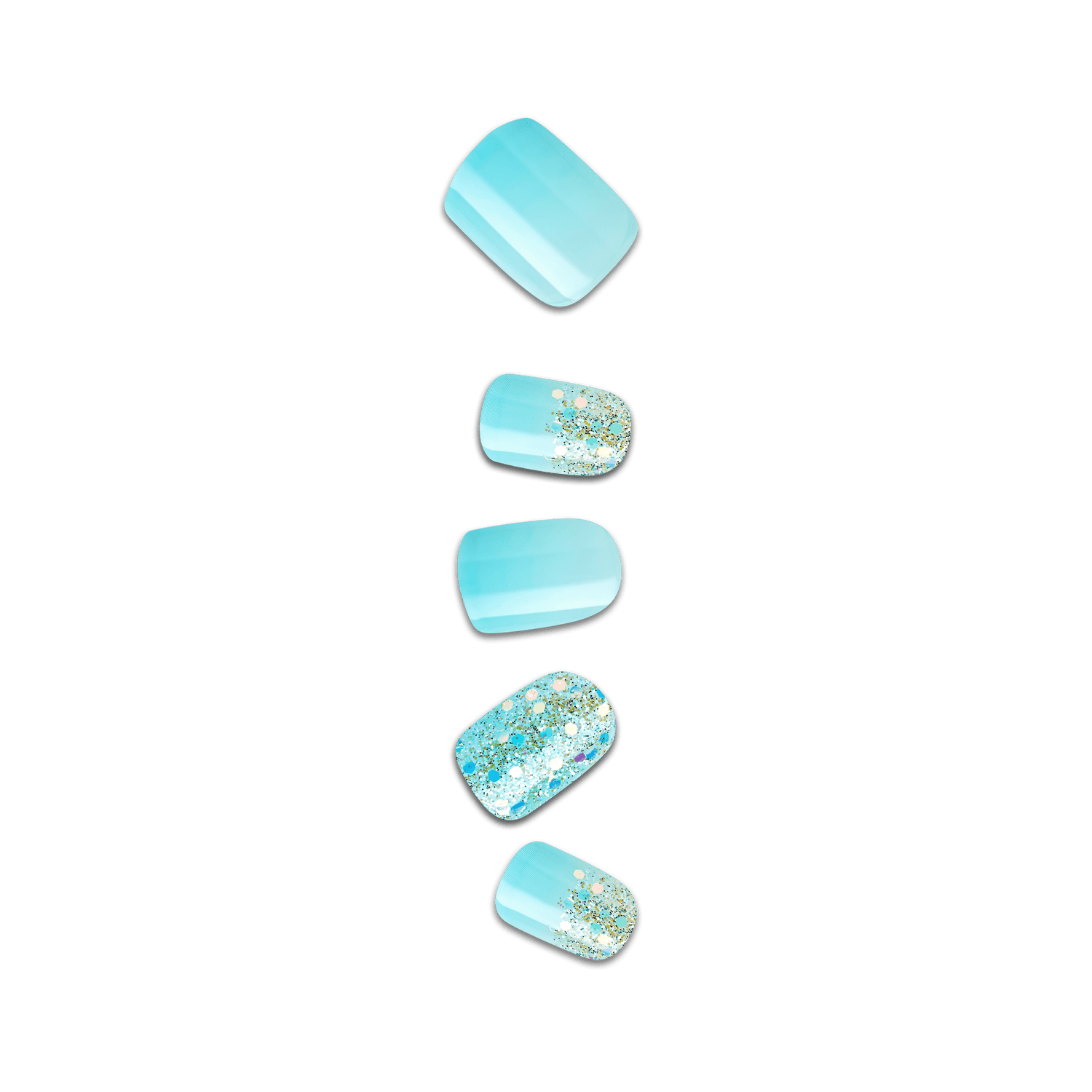 Set of five press-on nails in varying sizes, featuring a glossy light blue base with two nails decorated with blue and silver glitter accents.