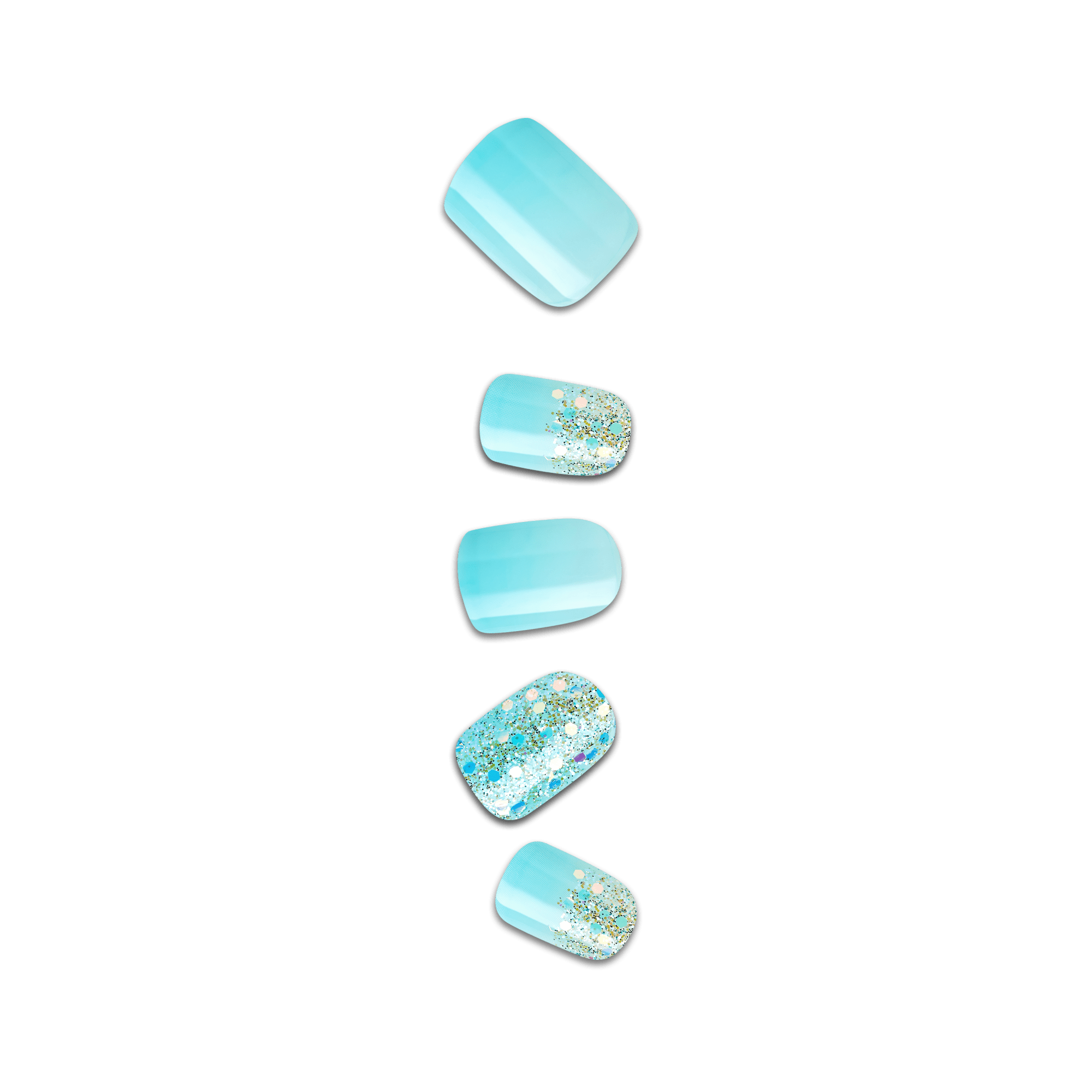 Set of five press-on nails in varying sizes, featuring a glossy light blue base with two nails decorated with blue and silver glitter accents.