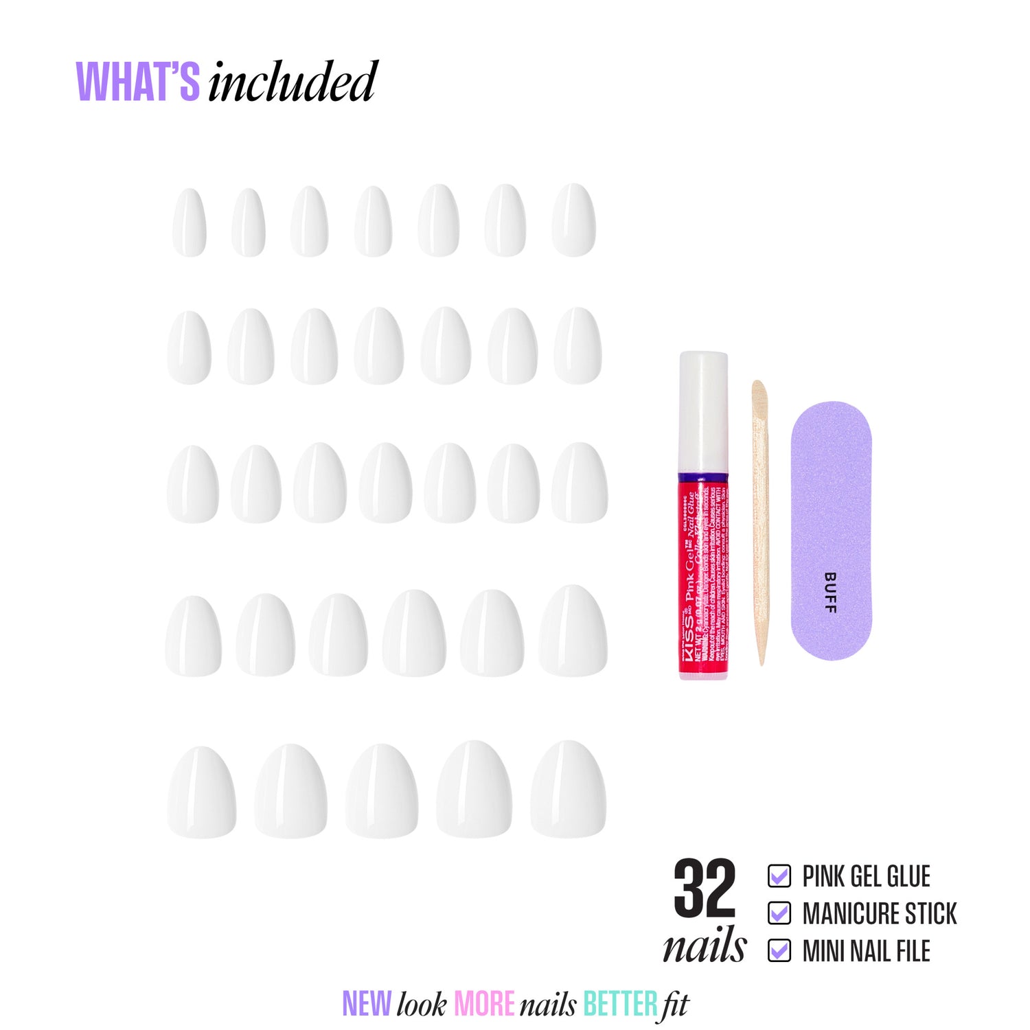32 white gel nails with pink gel glue, manicure stick, and mini nail file included.