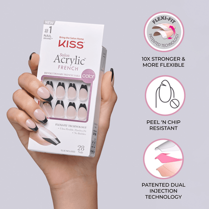 Packaging for KISS Salon Acrylic French Color nails with 3 icons describing key features of wearing the nails in &