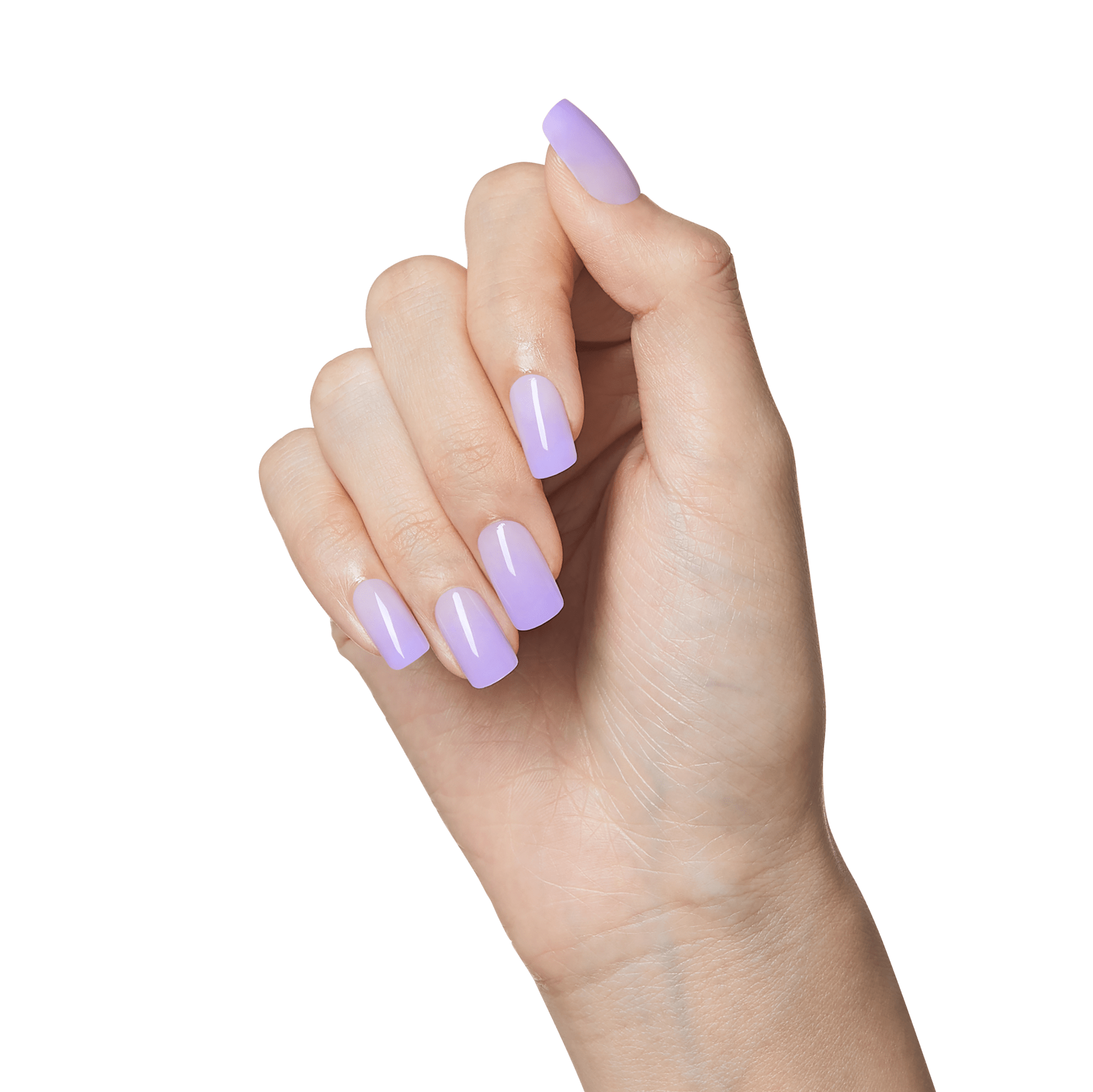 Hand with press-on nails in a glossy lavender ombre shade, square-shaped and medium length, displayed against a white background.