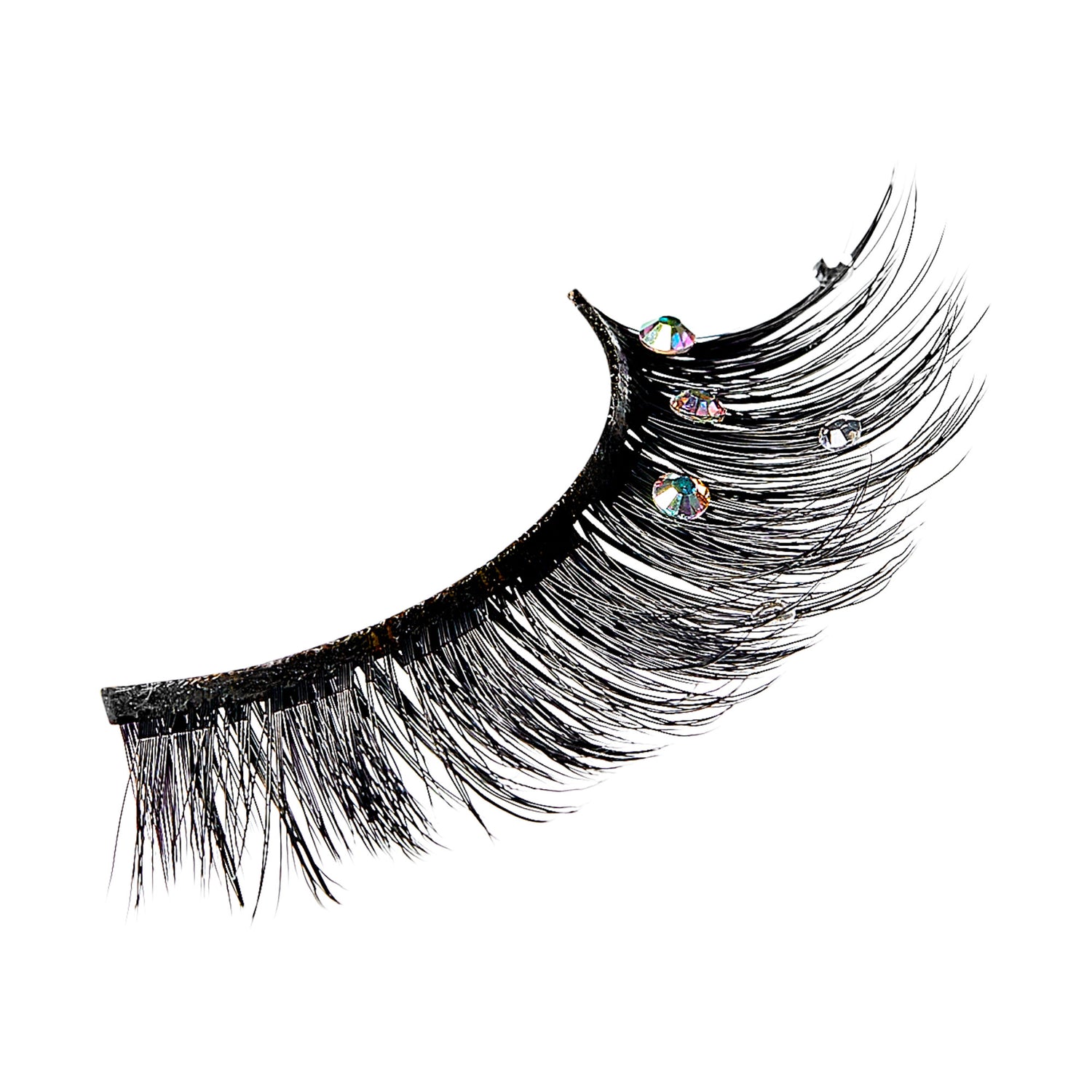 Black false eyelashes with iridescent crystal embellishments on white background.