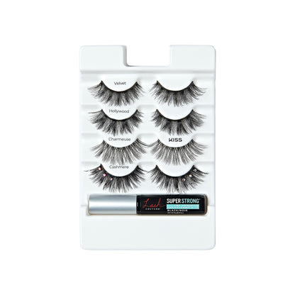 KISS lash set with 4 pairs (Velvet, Hollywood, Charmeuse, Cashmere) and SuperStrong adhesive.
