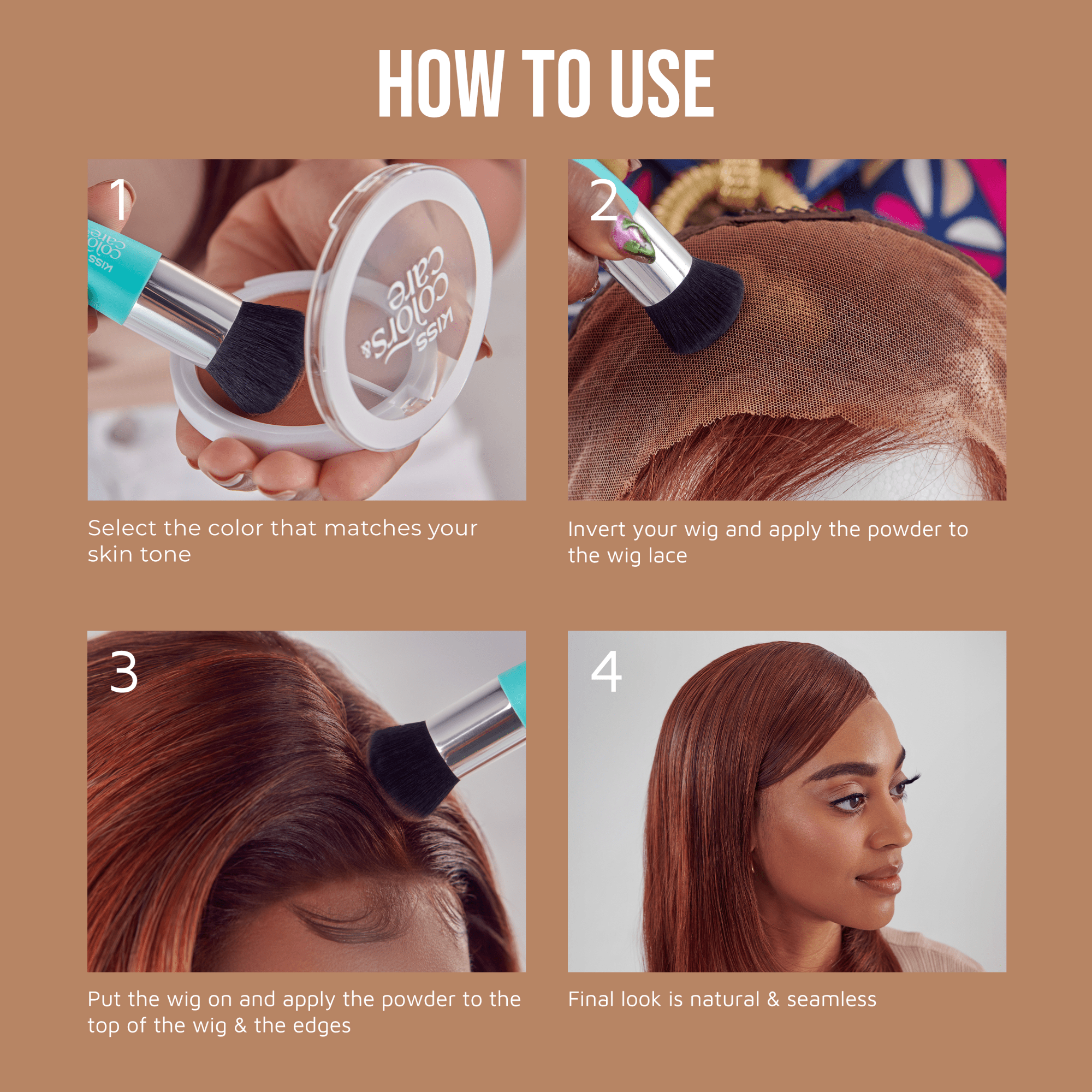 Step-by-step guide on how to use a wig powder with images and text.