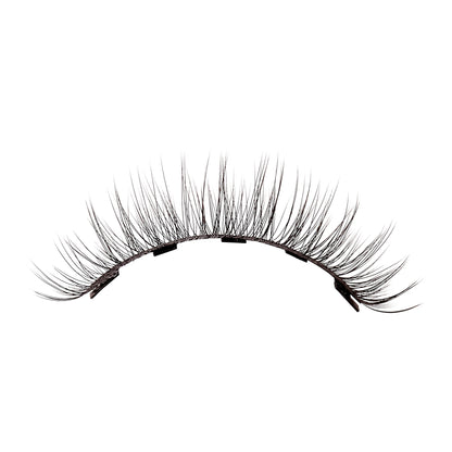Black false eyelashes on white background, curved band style with multiple synthetic lashes.