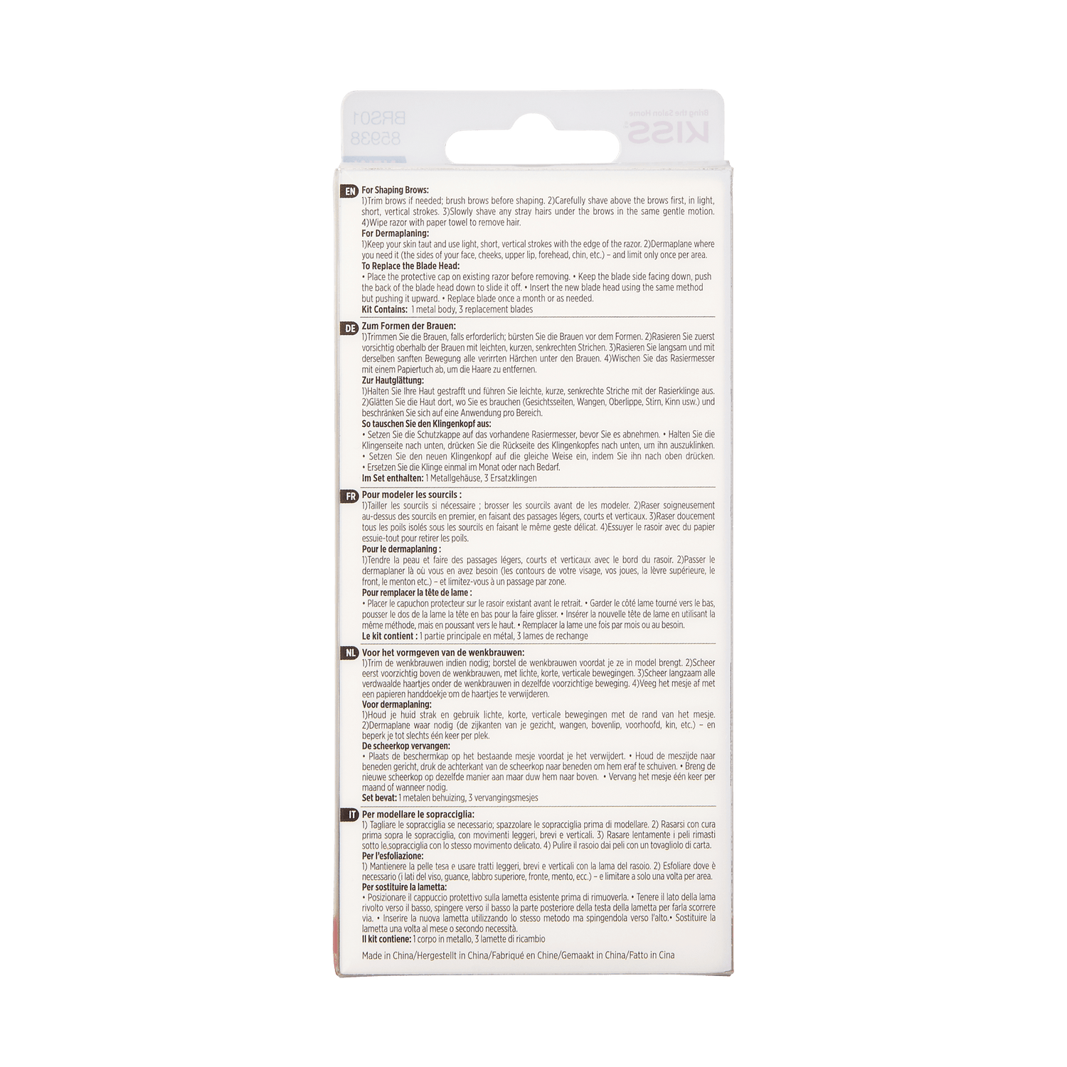 Kirix razor blade package instructions in multiple languages with usage and replacement guide.