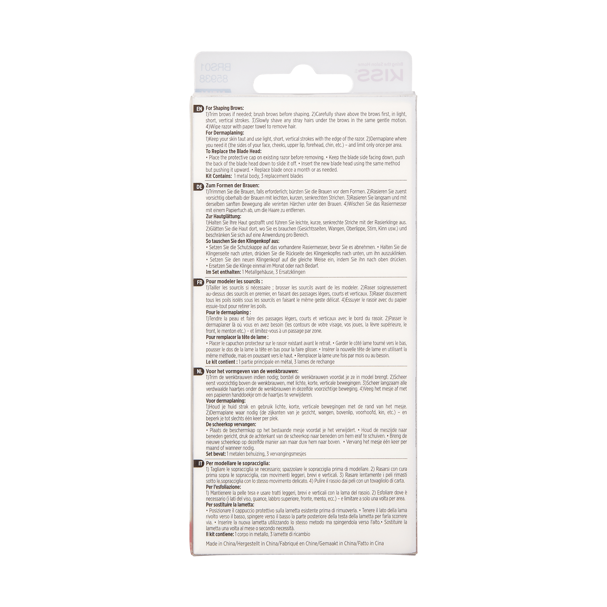 Kirix razor blade package instructions in multiple languages with usage and replacement guide.