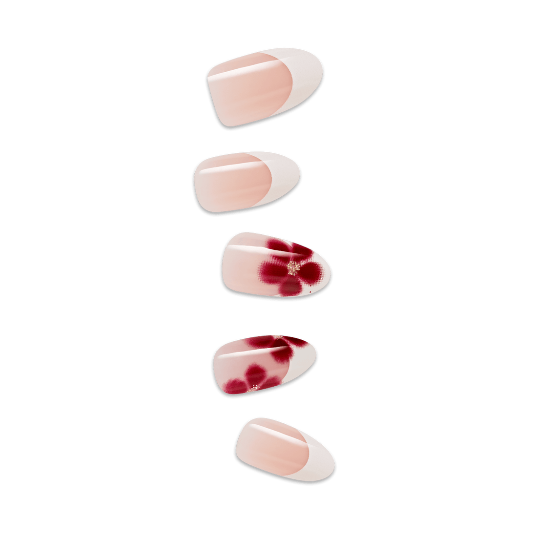 Set of five press on nails arranged vertically on a transparent background