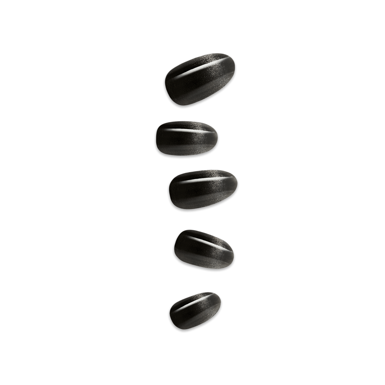 Black oval press-on nails with chrome-like finish displayed on fingertips